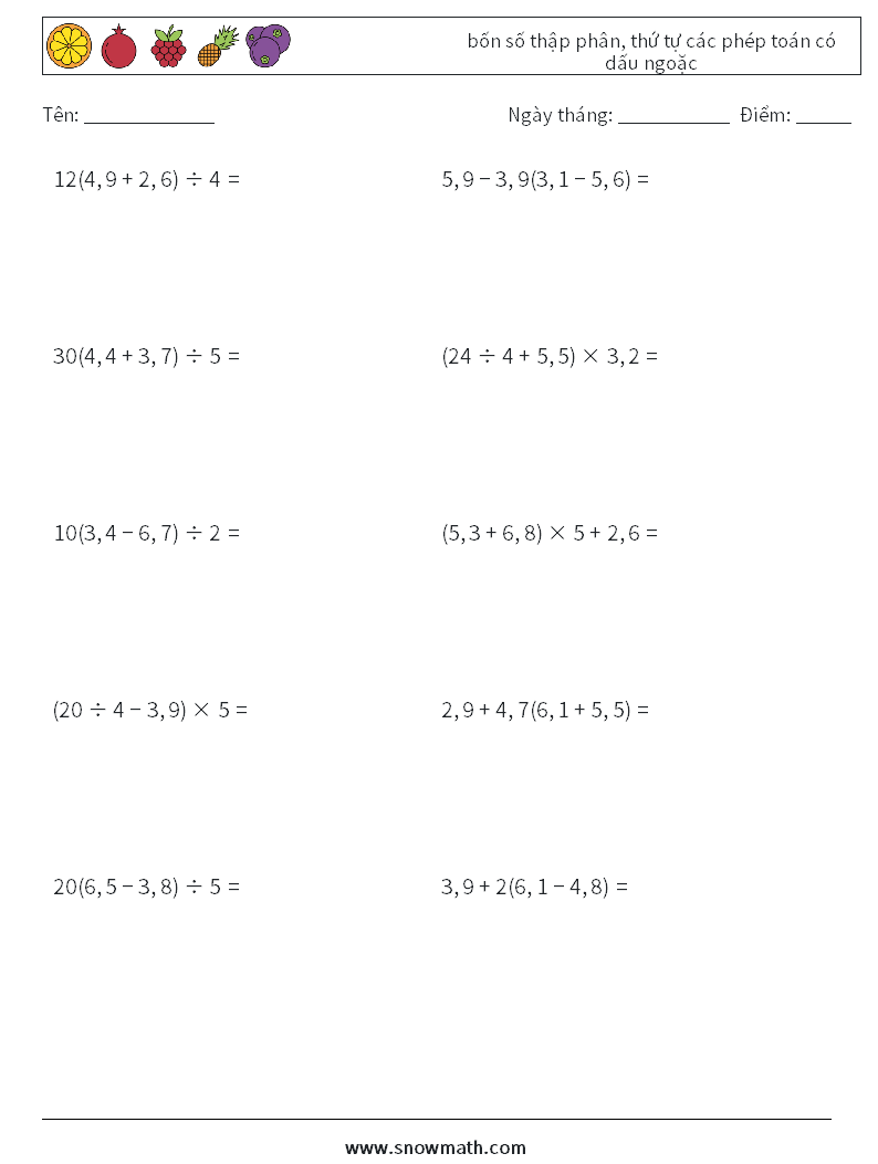 (10) bốn số thập phân, thứ tự các phép toán có dấu ngoặc Bảng tính toán học 15