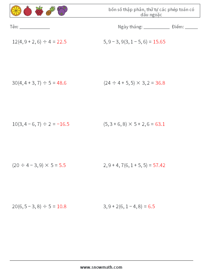 (10) bốn số thập phân, thứ tự các phép toán có dấu ngoặc Bảng tính toán học 15 Câu hỏi, câu trả lời