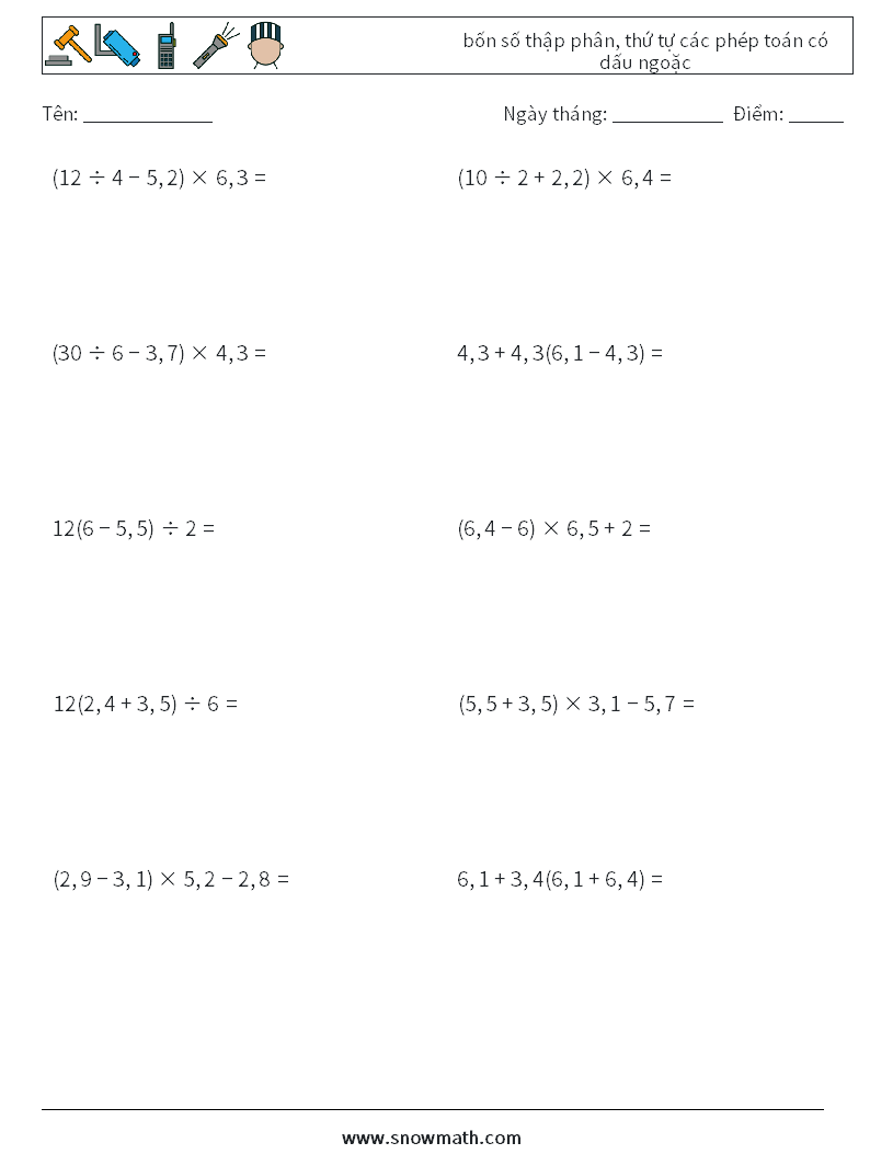 (10) bốn số thập phân, thứ tự các phép toán có dấu ngoặc Bảng tính toán học 16