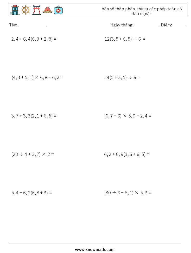 (10) bốn số thập phân, thứ tự các phép toán có dấu ngoặc Bảng tính toán học 17