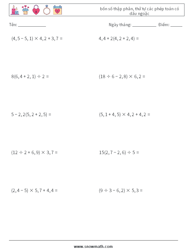 (10) bốn số thập phân, thứ tự các phép toán có dấu ngoặc Bảng tính toán học 18