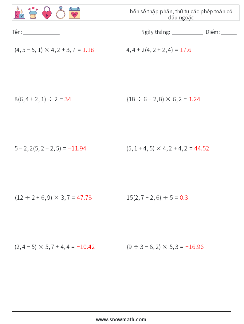(10) bốn số thập phân, thứ tự các phép toán có dấu ngoặc Bảng tính toán học 18 Câu hỏi, câu trả lời
