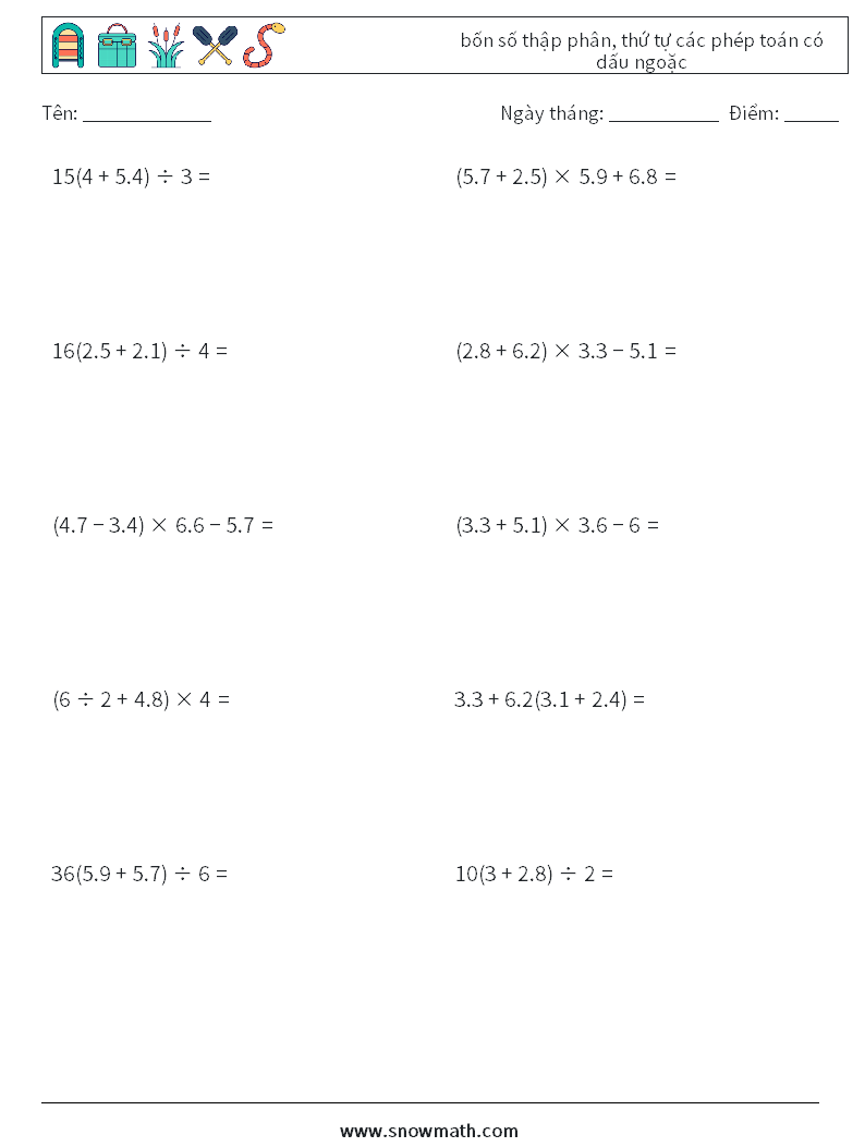 (10) bốn số thập phân, thứ tự các phép toán có dấu ngoặc Bảng tính toán học 2