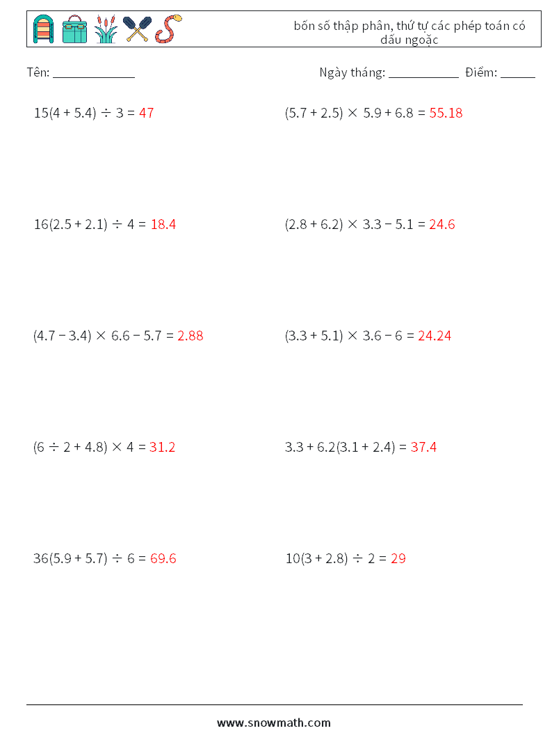 (10) bốn số thập phân, thứ tự các phép toán có dấu ngoặc Bảng tính toán học 2 Câu hỏi, câu trả lời