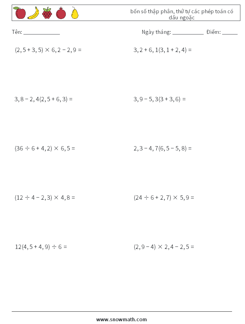 (10) bốn số thập phân, thứ tự các phép toán có dấu ngoặc Bảng tính toán học 3