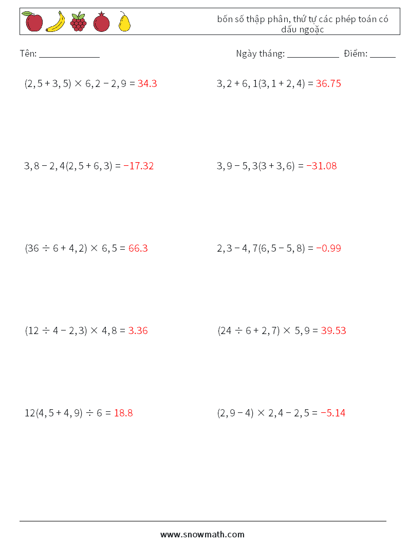 (10) bốn số thập phân, thứ tự các phép toán có dấu ngoặc Bảng tính toán học 3 Câu hỏi, câu trả lời
