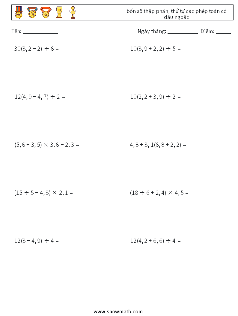 (10) bốn số thập phân, thứ tự các phép toán có dấu ngoặc Bảng tính toán học 4