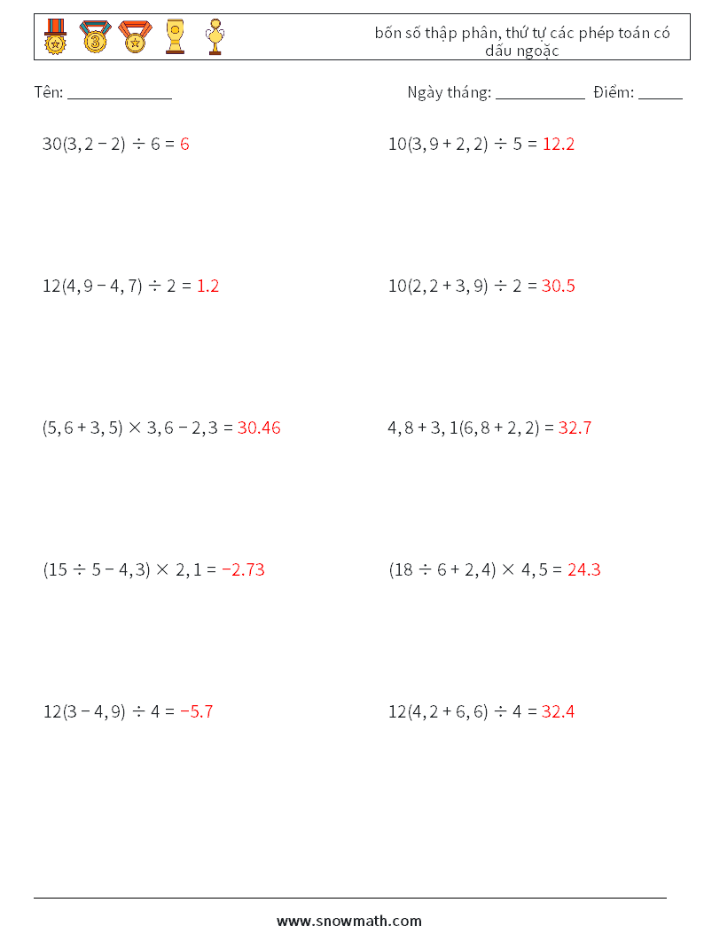 (10) bốn số thập phân, thứ tự các phép toán có dấu ngoặc Bảng tính toán học 4 Câu hỏi, câu trả lời