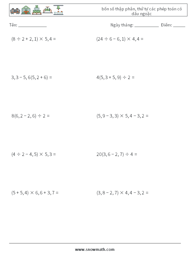 (10) bốn số thập phân, thứ tự các phép toán có dấu ngoặc Bảng tính toán học 6