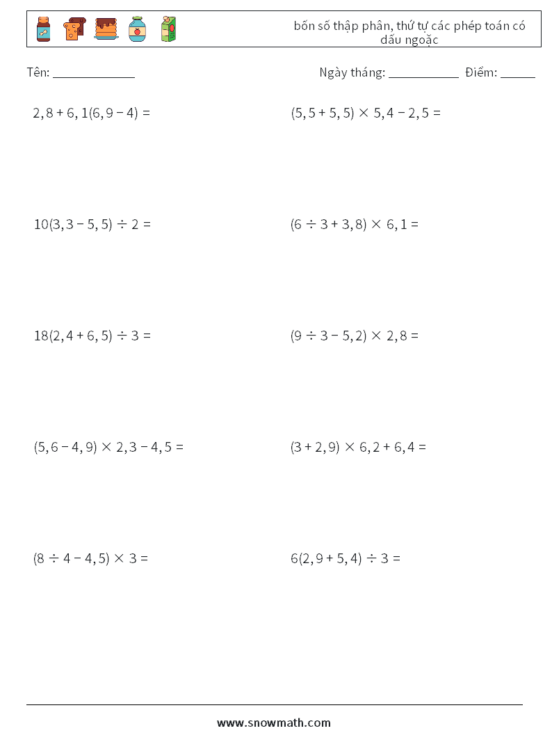 (10) bốn số thập phân, thứ tự các phép toán có dấu ngoặc Bảng tính toán học 7