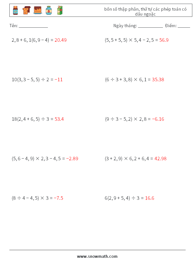 (10) bốn số thập phân, thứ tự các phép toán có dấu ngoặc Bảng tính toán học 7 Câu hỏi, câu trả lời