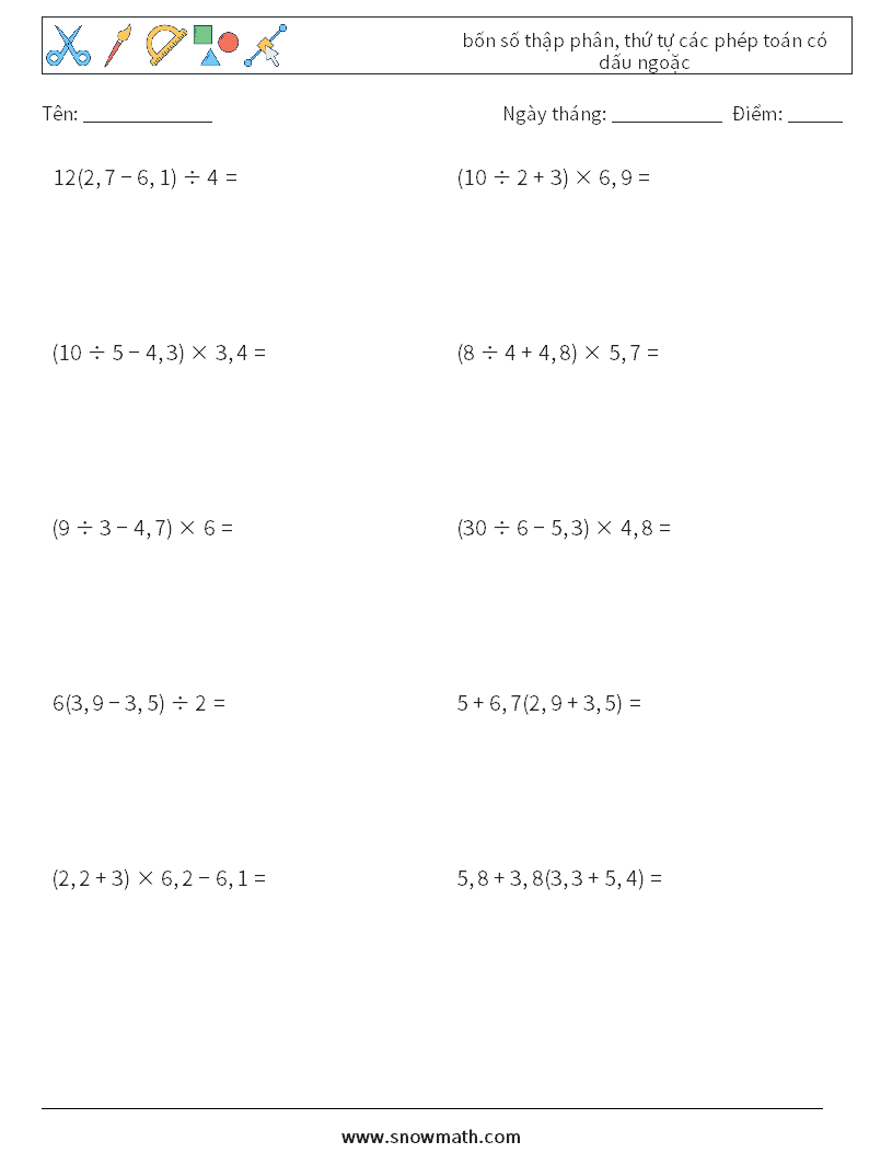 (10) bốn số thập phân, thứ tự các phép toán có dấu ngoặc Bảng tính toán học 8