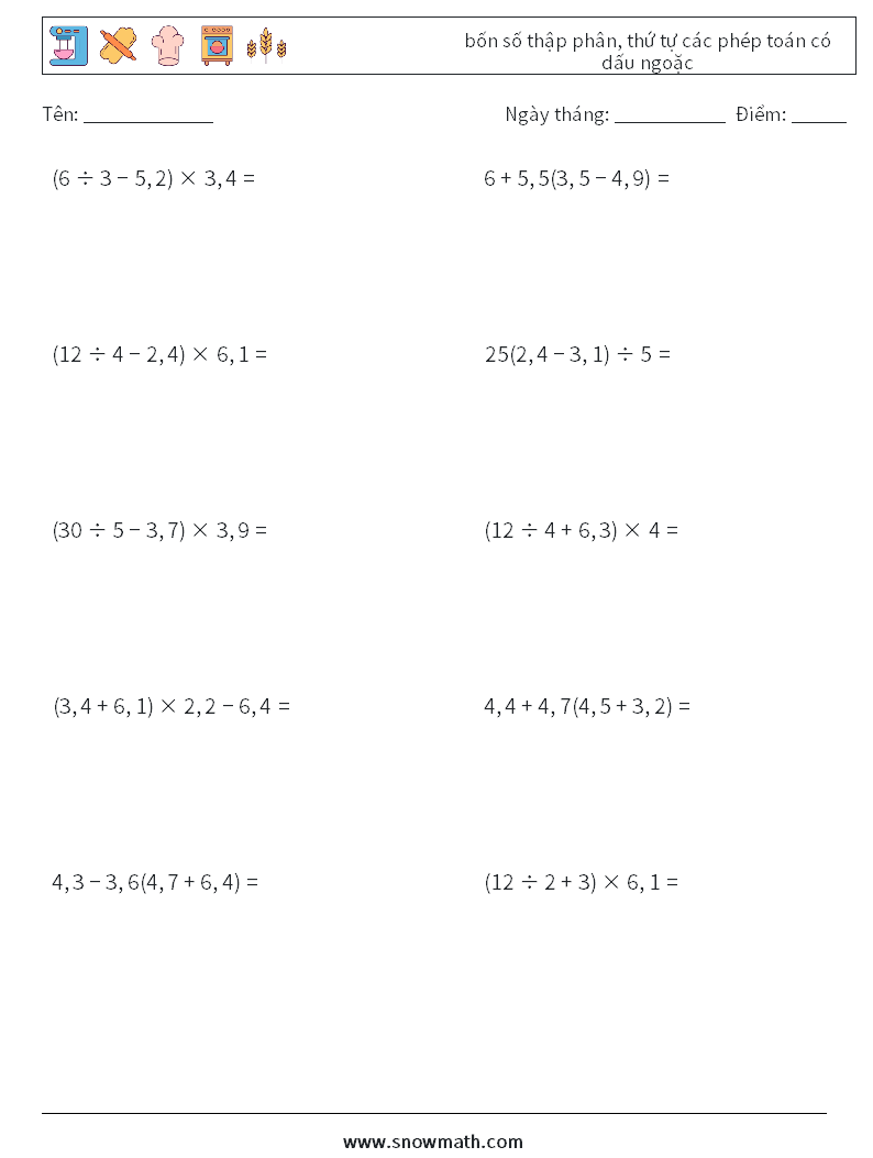 (10) bốn số thập phân, thứ tự các phép toán có dấu ngoặc Bảng tính toán học 9