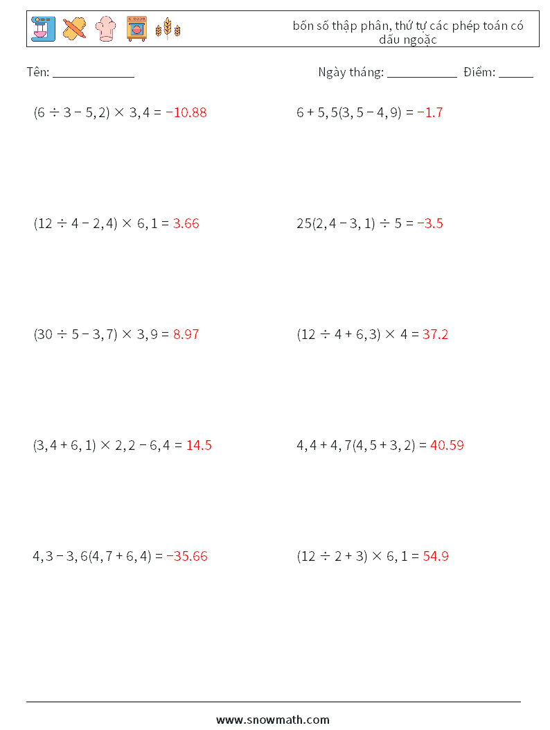 (10) bốn số thập phân, thứ tự các phép toán có dấu ngoặc Bảng tính toán học 9 Câu hỏi, câu trả lời