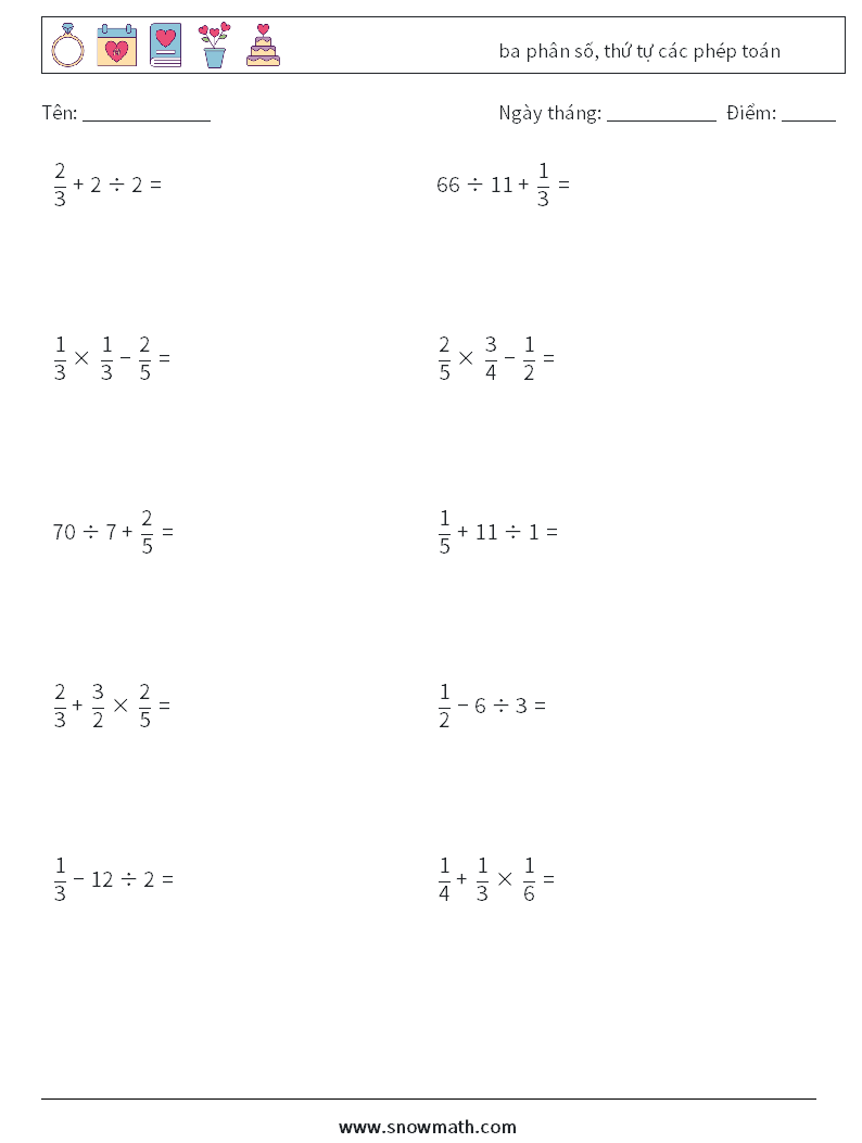 (10) ba phân số, thứ tự các phép toán Bảng tính toán học 10