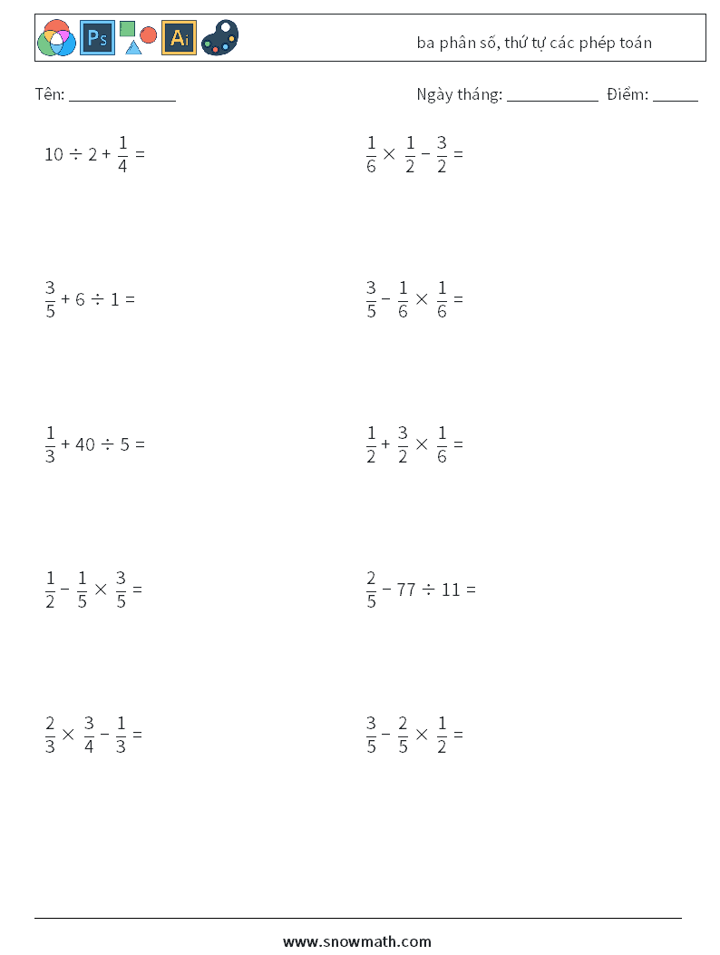 (10) ba phân số, thứ tự các phép toán Bảng tính toán học 15
