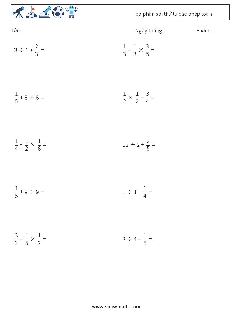 (10) ba phân số, thứ tự các phép toán Bảng tính toán học 17