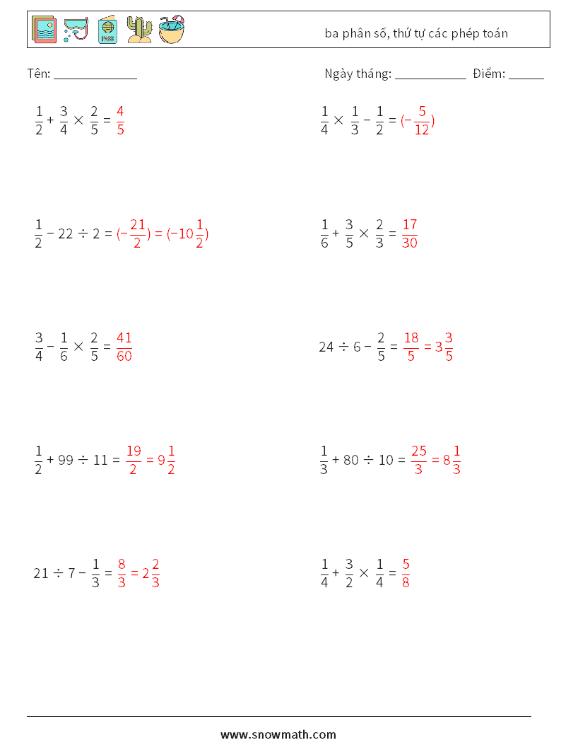 (10) ba phân số, thứ tự các phép toán Bảng tính toán học 1 Câu hỏi, câu trả lời