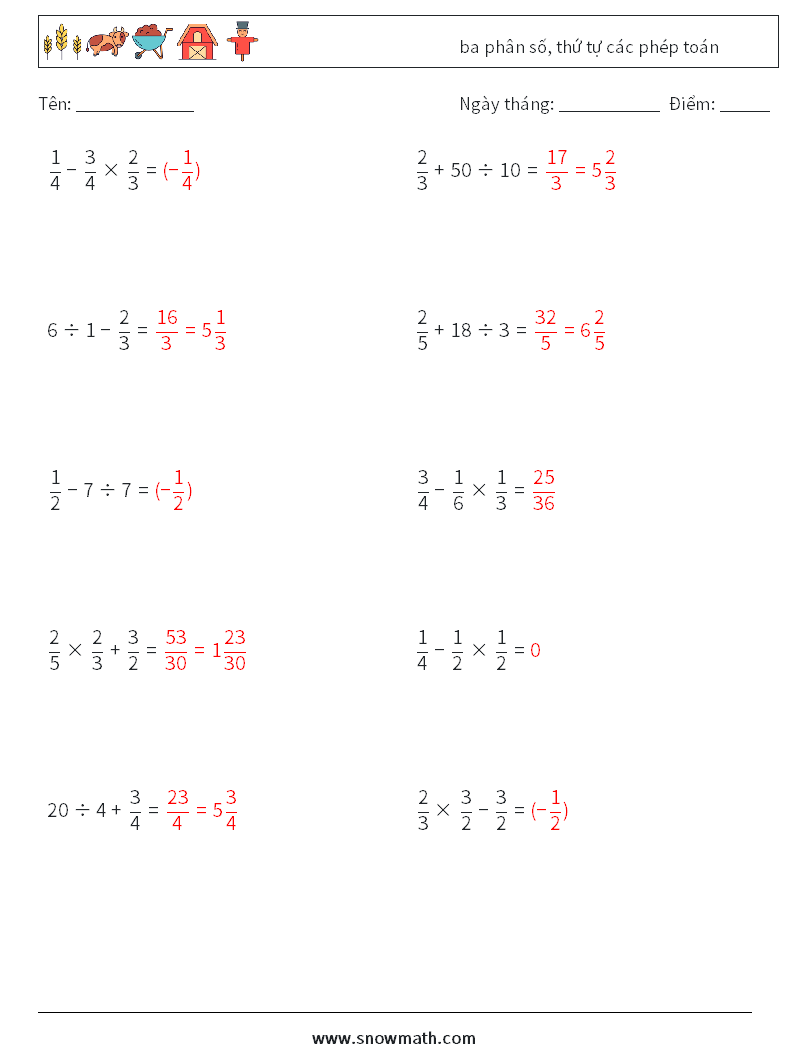 (10) ba phân số, thứ tự các phép toán Bảng tính toán học 2 Câu hỏi, câu trả lời