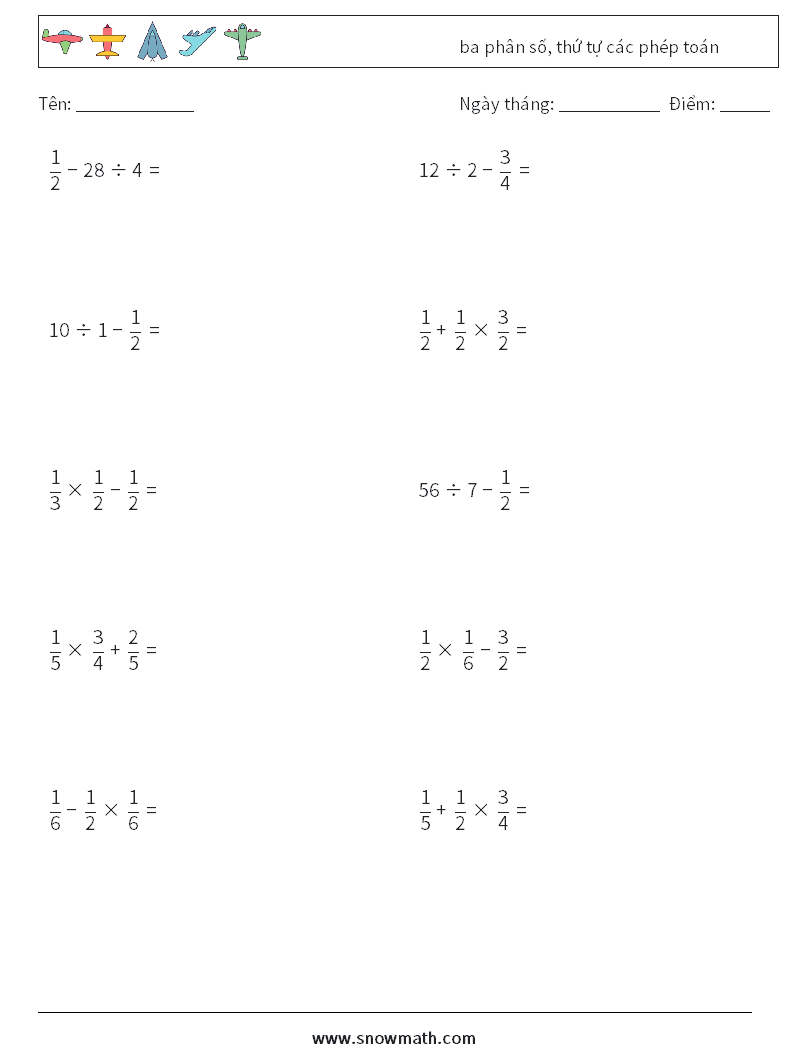 (10) ba phân số, thứ tự các phép toán Bảng tính toán học 3
