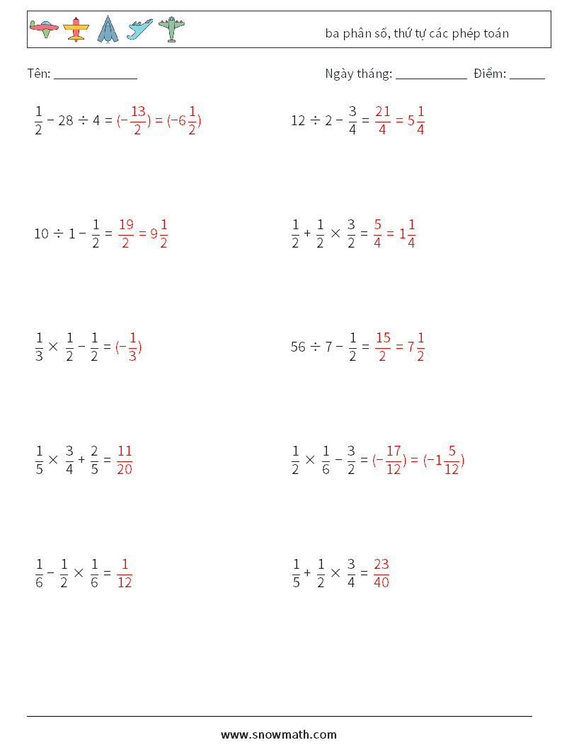 (10) ba phân số, thứ tự các phép toán Bảng tính toán học 3 Câu hỏi, câu trả lời