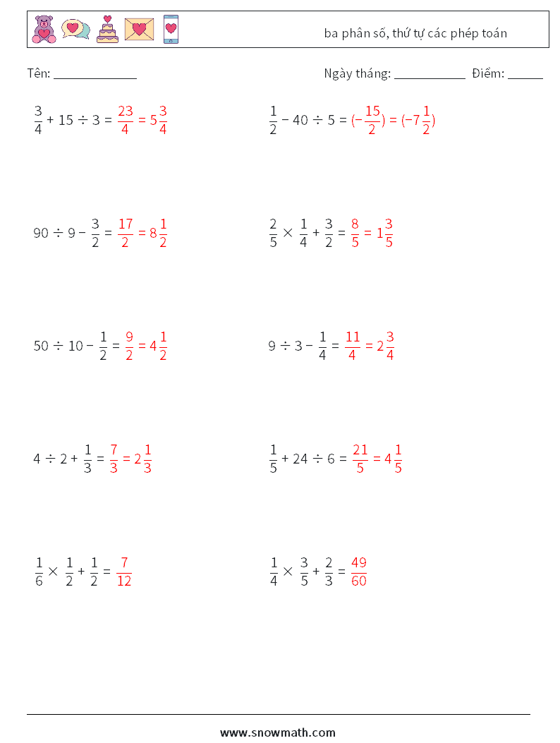 (10) ba phân số, thứ tự các phép toán Bảng tính toán học 4 Câu hỏi, câu trả lời