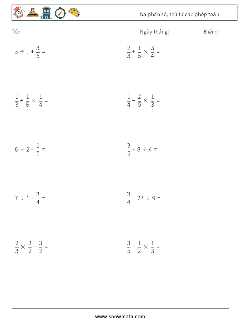(10) ba phân số, thứ tự các phép toán Bảng tính toán học 5