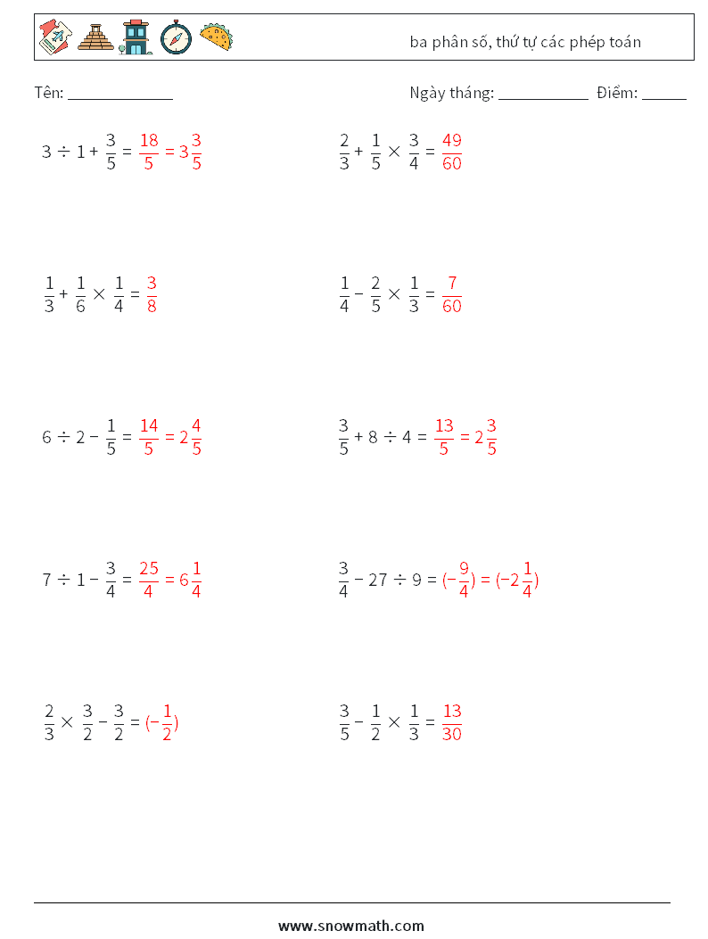 (10) ba phân số, thứ tự các phép toán Bảng tính toán học 5 Câu hỏi, câu trả lời