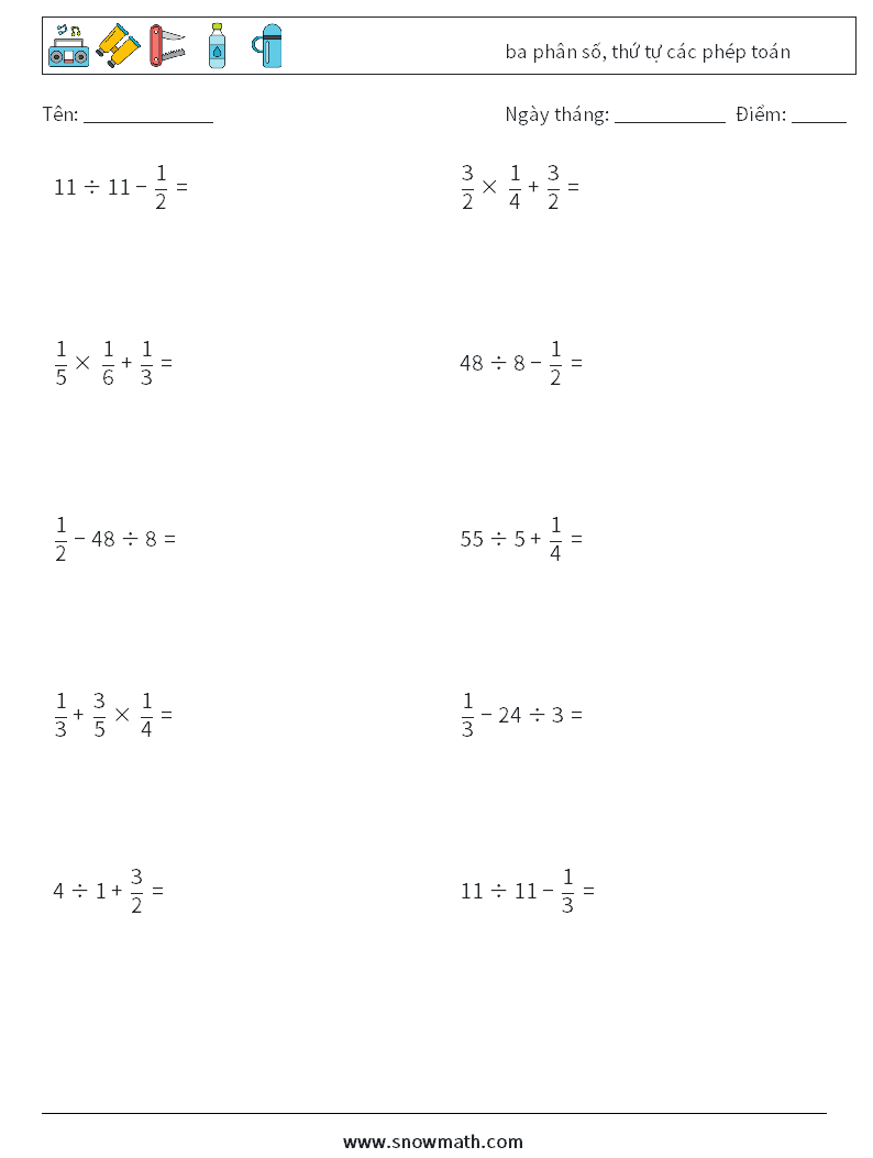 (10) ba phân số, thứ tự các phép toán Bảng tính toán học 6