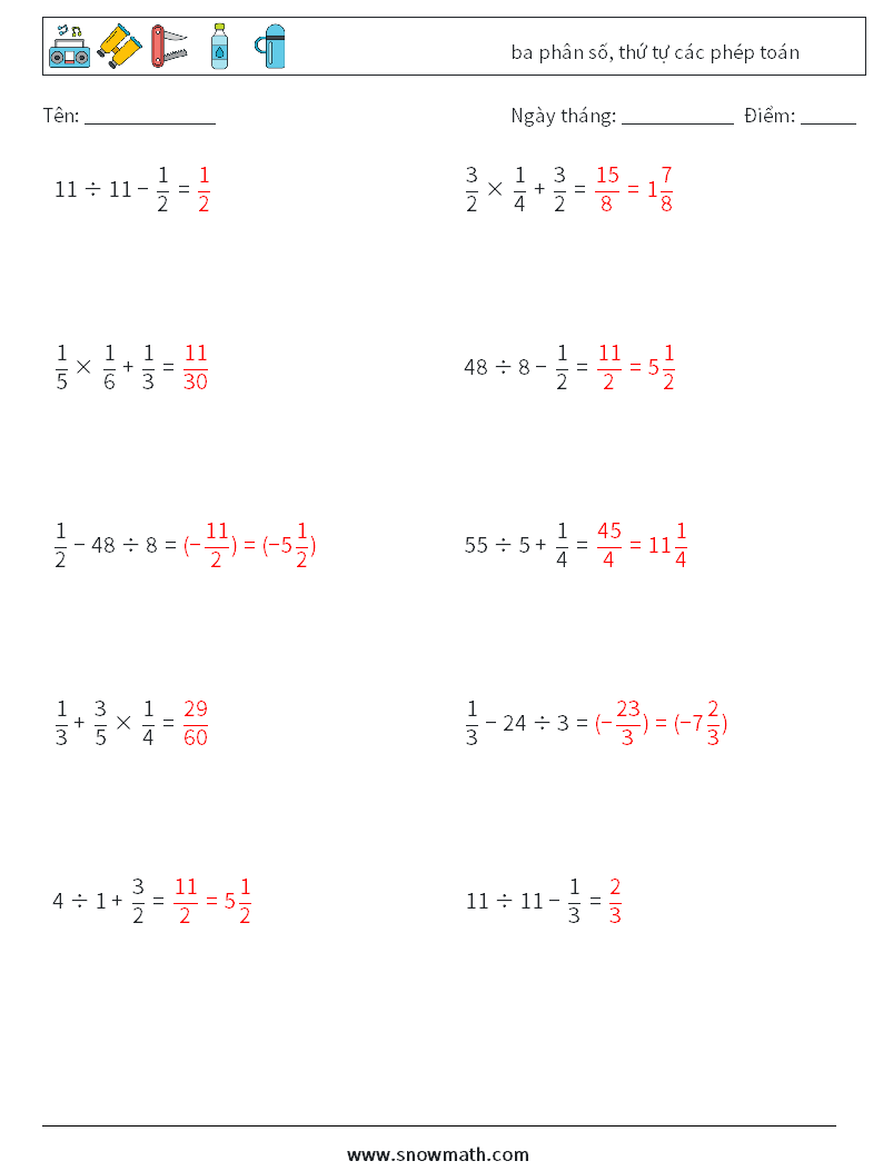 (10) ba phân số, thứ tự các phép toán Bảng tính toán học 6 Câu hỏi, câu trả lời