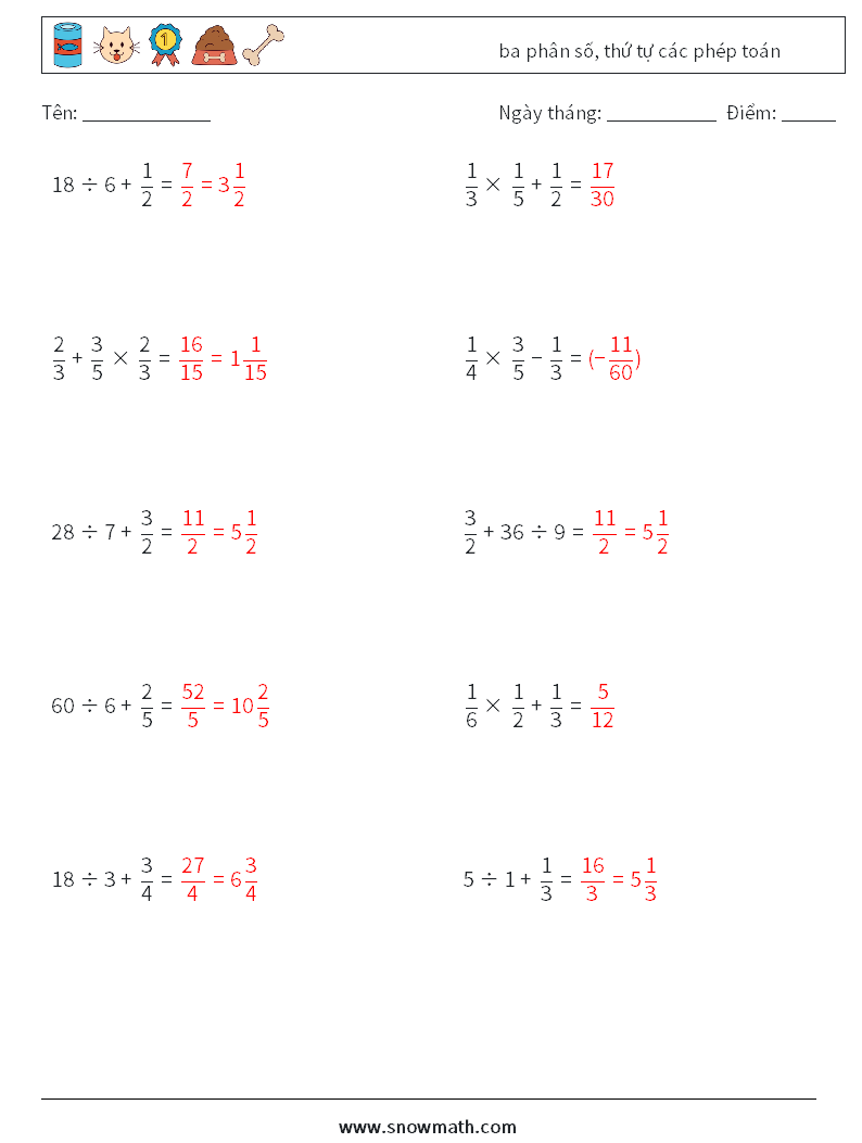 (10) ba phân số, thứ tự các phép toán Bảng tính toán học 7 Câu hỏi, câu trả lời