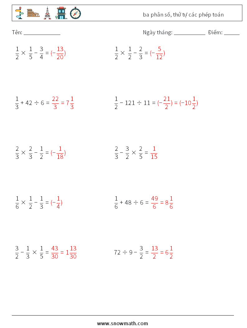 (10) ba phân số, thứ tự các phép toán Bảng tính toán học 8 Câu hỏi, câu trả lời