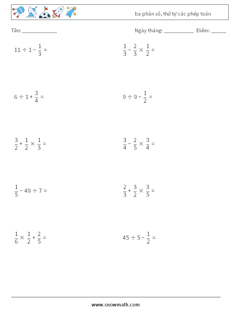 (10) ba phân số, thứ tự các phép toán Bảng tính toán học 9