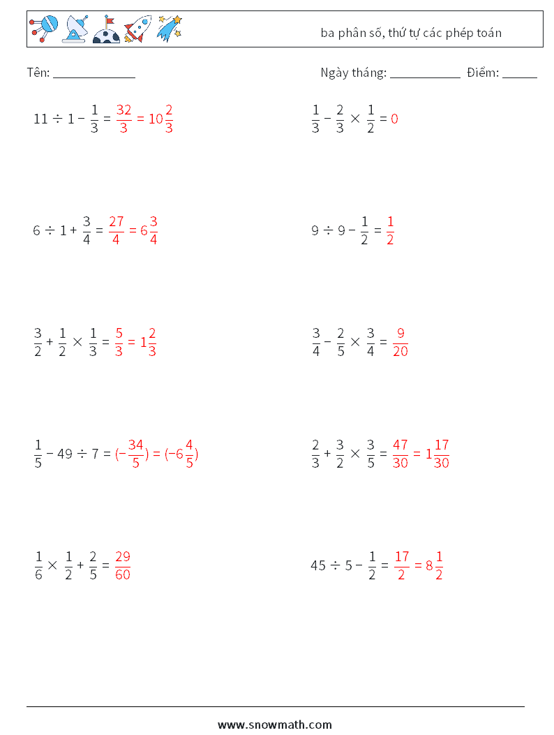 (10) ba phân số, thứ tự các phép toán Bảng tính toán học 9 Câu hỏi, câu trả lời