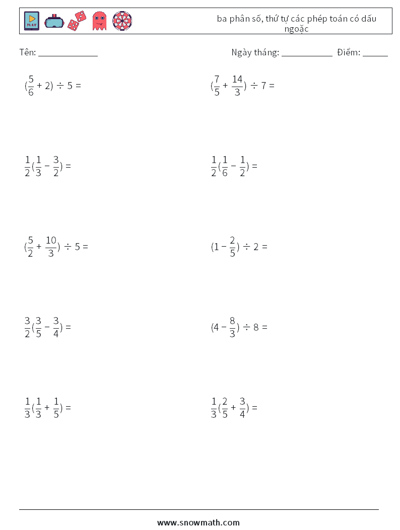 (10) ba phân số, thứ tự các phép toán có dấu ngoặc Bảng tính toán học 2