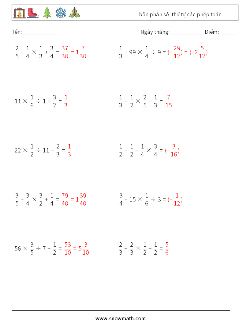 (10) bốn phân số, thứ tự các phép toán Bảng tính toán học 10 Câu hỏi, câu trả lời
