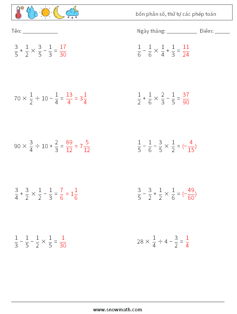(10) bốn phân số, thứ tự các phép toán Bảng tính toán học 12 Câu hỏi, câu trả lời
