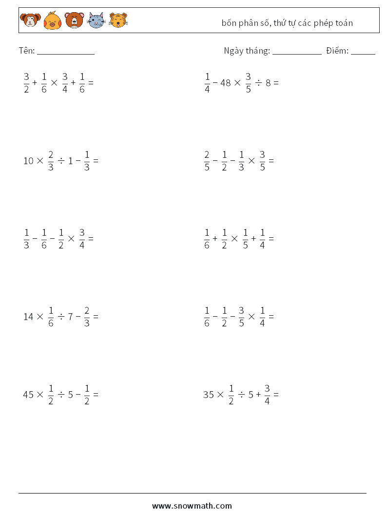 (10) bốn phân số, thứ tự các phép toán Bảng tính toán học 13
