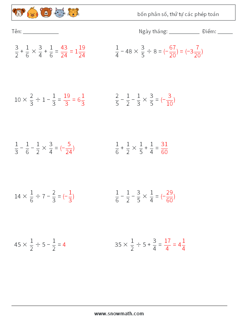 (10) bốn phân số, thứ tự các phép toán Bảng tính toán học 13 Câu hỏi, câu trả lời