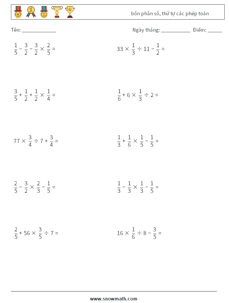 (10) bốn phân số, thứ tự các phép toán Bảng tính toán học 17