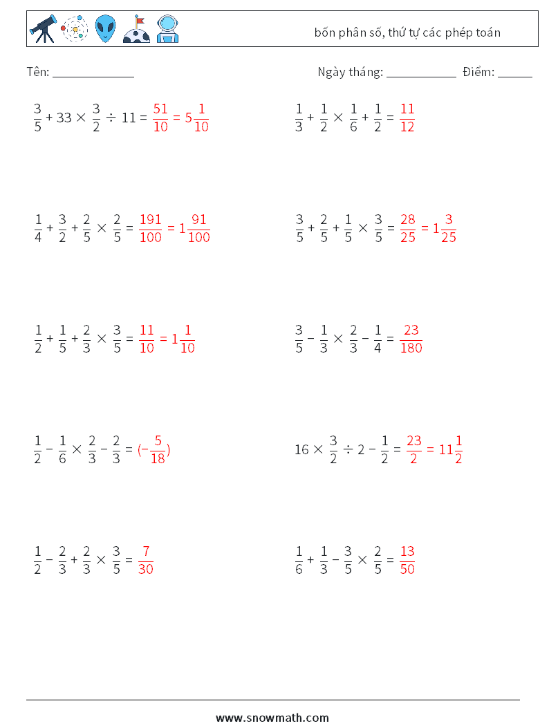 (10) bốn phân số, thứ tự các phép toán Bảng tính toán học 7 Câu hỏi, câu trả lời