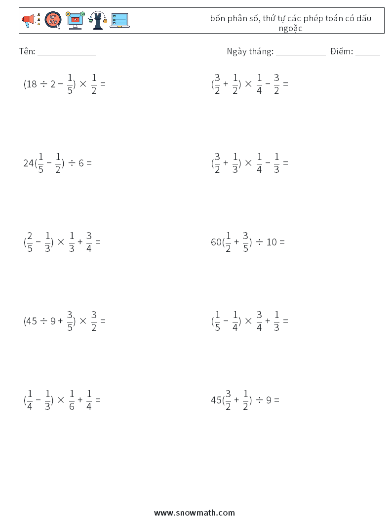 (10) bốn phân số, thứ tự các phép toán có dấu ngoặc Bảng tính toán học 10