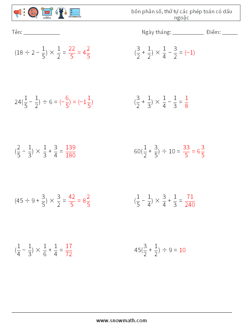 (10) bốn phân số, thứ tự các phép toán có dấu ngoặc Bảng tính toán học 10 Câu hỏi, câu trả lời