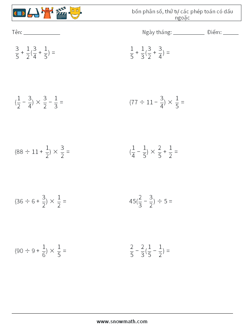 (10) bốn phân số, thứ tự các phép toán có dấu ngoặc Bảng tính toán học 11