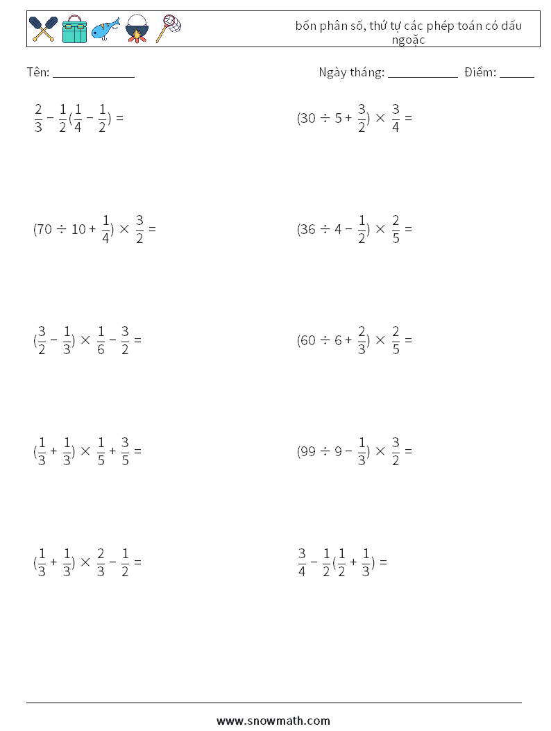 (10) bốn phân số, thứ tự các phép toán có dấu ngoặc Bảng tính toán học 12