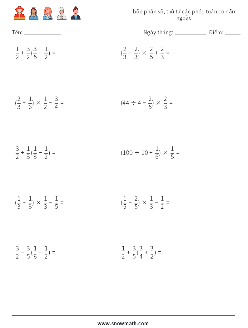 (10) bốn phân số, thứ tự các phép toán có dấu ngoặc Bảng tính toán học 13