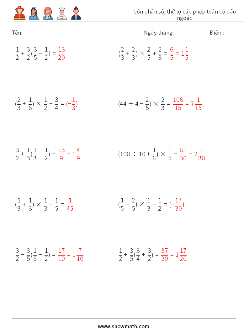 (10) bốn phân số, thứ tự các phép toán có dấu ngoặc Bảng tính toán học 13 Câu hỏi, câu trả lời