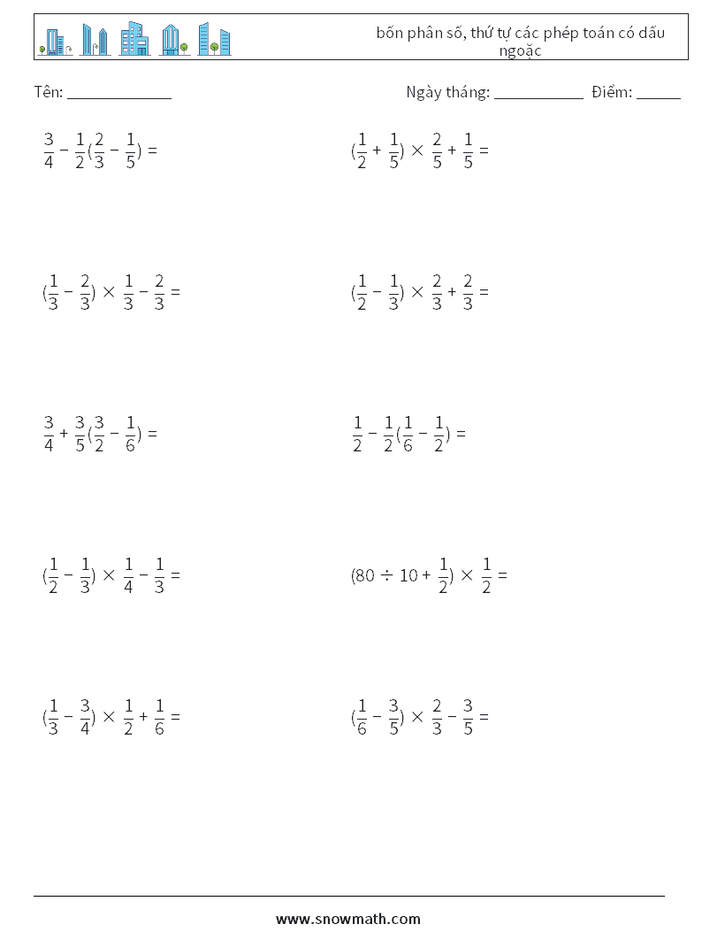 (10) bốn phân số, thứ tự các phép toán có dấu ngoặc Bảng tính toán học 14