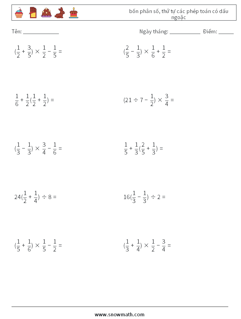 (10) bốn phân số, thứ tự các phép toán có dấu ngoặc Bảng tính toán học 15