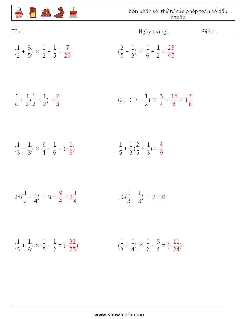 (10) bốn phân số, thứ tự các phép toán có dấu ngoặc Bảng tính toán học 15 Câu hỏi, câu trả lời